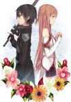  1girl asuna_(sao) back-to-back bad_id black_hair brown_eyes brown_hair detached_sleeves elbow_gloves flower gloves half_updo hands_clasped kirito long_hair minaseyu_no sword sword_art_online weapon yuuki_asuna 