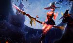  bat black blade broom cougar_(animal) cougre full_moon halloween hat league_of_legends moon nidalee night official_art source_request star tattoo thigh-highs thighhighs witch 