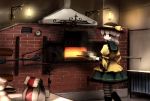  blouse boots cake chipika cooking dress flour food green_dress green_eyes green_hair hat highres komeiji_koishi looking_back oven oven_mitts short_hair skirt solo standing striped striped_legwear thigh-highs thighhighs touhou 