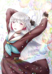  1girl :d aqua_neckerchief balloon black_choker black_gloves bob_cut brown_dress character_name choker colored_inner_hair commentary cowboy_shot dated diagonal_bangs dress gloves grey_hair hair_ornament half_gloves happy_birthday hasu_no_sora_school_uniform highres holding holding_balloon inverted_bob link!_like!_love_live! long_sleeves love_live! medium_dress multicolored_hair neckerchief o-ring o-ring_choker open_mouth pink_eyes pleated_dress redhead sailor_collar sailor_dress school_uniform short_hair smile solo star_(symbol) star_hair_ornament streaked_hair symbol-only_commentary teeth too_many_balloons upper_teeth_only virtual_youtuber w0nderlilyl4nd white_background white_sailor_collar winter_uniform yugiri_tsuzuri 