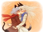  animal_ears blue_eyes blush cat_ears cat_tail closed_eyes eila_ilmatar_juutilainen eyes_closed kiss long_hair multiple_girls ryou_(shirotsumesou) sanya_v_litvyak scarf short_hair silver_hair star strike_witches surprised tail yuri 