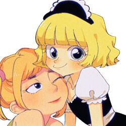 2girls blonde_hair blunt_bangs blush bob_cut commentary genderswap genderswap_(mtf) humanization maid maid_headdress multiple_girls one_eye_closed orange_hair patrick_star short_twintails sopapapa spongebob_squarepants spongebob_squarepants_(character) spongebob_squarepants_(series) symbol-only_commentary twintails wavy_hair