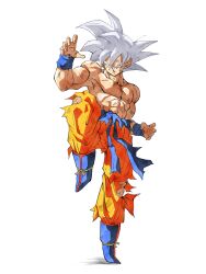  1boy abs blue_footwear boots dragon_ball dragon_ball_super fighting_stance grey_eyes grey_hair highres male_focus orange_pants pants pato007711 simple_background solo son_goku spiky_hair topless_male torn_clothes torn_pants ultra_instinct white_background 