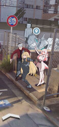  1boy 2girls 621_(armored_core_6) absurdres ahoge armored_core armored_core_vi:_fires_of_rubicon ayre_(armored_core_6) blonde_hair closed_eyes double_v google_maps google_street_view grey_hair handler_walter high_school_girls_posing_for_google_street_view_(meme) highres maxilax mecha meme multiple_girls outdoors personification red_eyes road_sign robot sign smile v white_hair 