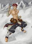  1boy abs bandage bandages bracelet fighting_stance highres jewelry kawa-v kazan_(kawa-v) male muscle necklace original red_hair redhead snow solo topless 