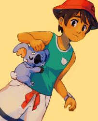  1boy aqua_tank_top brown_eyes brown_hair dark-skinned_male dark_skin elricflavia grey_fur hat highres komala pokemon pokemon_(creature) red_hat short_hair shorts simple_background solo tank_top watch watch white_shorts yellow_background 