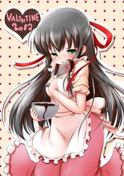  apron black_hair blush bowl chocolate galaxy_angel green_eyes karasuma_chitose long_hair muu_rian ribbon sleeves_rolled_up solo valentine whisk 