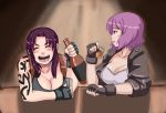  bar bare_shoulders black_lagoon blush_stickers bottle breasts cleavage colored crossover drawfag drinking fang fingerless_gloves ghost_in_the_shell gloves highres holster jacket kekekeke kusanagi_motoko large_breasts laughing lips multiple_girls open_mouth payot purple_hair revy short_hair shot_glass sketch sleeves_rolled_up tattoo 