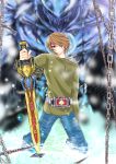  belt blue_eyes brown_hair card chain chains kamen_rider kamen_rider_blade kamen_rider_blade_(series) kenzaki_kazuma shisaki_tayu sweater sword undead water weapon 