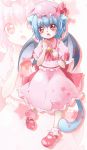  1girl animal_ears ascot bat_wings bell blue_hair cat_ears cat_tail chinoru collar floral_print hand_on_own_chest hat hat_ribbon heart highres kemonomimi_mode looking_at_viewer open_mouth pink_eyes pointing pointing_at_self puffy_sleeves red_shoes remilia_scarlet ribbon sash shirt shoes short_hair short_sleeves skirt skirt_set solo tail touhou wings wrist_cuffs zoom_layer 