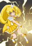  bike_shorts blonde_hair boots choker cure_peace double_v dress electricity frown grey_background hair_ornament hairpin highres iyakun kise_yayoi long_hair magical_girl precure shorts_under_skirt skirt smile_precure! v wrist_cuffs yellow_dress yellow_eyes 