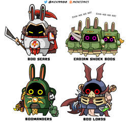  6+others adeptus_astartes animal_ears astra_militarum bandage_over_one_eye bangboo_(zenless_zone_zero) cape chaos_space_marine character_doll clawed_gauntlets crossover english_text flamer flamethrower fur_trim highres holding holding_flamethrower holding_knife holding_polearm holding_weapon knife mick19988 multiple_others night_lords no_humans notched_ear polearm rabbit_ears red_cape salamanders_(warhammer) spear warhammer_40k weapon white_scars zenless_zone_zero 