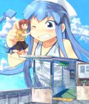  aizawa_eiko blue_eyes blue_hair brown_hair casual cheek_pinching dress giantess hat ianeramatati ikamusume long_hair multiple_girls pinching shinryaku!_ikamusume short_hair tentacle_hair 