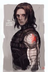  1boy belt black_vest border brown_hair buckle bulletproof_vest captain_america:_the_winter_soldier captain_america_(series) chest_belt closed_eyes collared_vest commentary cropped_torso english_commentary english_text gep grey_eyes james_buchanan_barnes looking_to_the_side male_focus marvel marvel_cinematic_universe prosthesis prosthetic_arm sideways_glance signature snap-fit_buckle solo vest white_border winter_soldier 