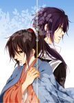  1girl bad_id brown_eyes brown_hair hakuouki_shinsengumi_kitan japanese_clothes long_hair ponytail purple_hair saitou_hajime_(hakuouki) tohikou yukimura_chizuru 