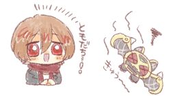  1boy :d bat_(animal) black_jacket brown_hair chibi chibi_only highres jacket kamen_rider kamen_rider_kiva_(series) kivat-bat_iii kkfri11 kurenai_wataru red_eyes red_scarf scarf shirt sketch smile white_background white_shirt 