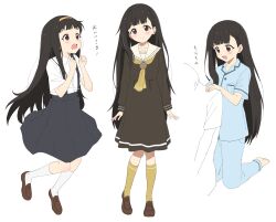  1boy 1girl black_hair black_skirt blue_pajamas blush brown_dress closed_mouth dress full_body hairband highres kneeling long_hair looking_at_viewer make_heroine_ga_oo_sugiru! multiple_views neckerchief nukumizu_kaju pajamas sailor_collar school_uniform shirt simple_background sincos skirt smile socks standing suspenders white_background white_sailor_collar white_shirt white_socks yellow_hairband yellow_neckerchief yellow_socks 