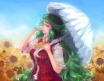  adjusting_hair ascot flower green_hair kazami_yuuka kazami_yuuka_(pc-98) lips long_hair parasol red_eyes sheryth short_sleeves sky solo sunflower touhou touhou_(pc-98) umbrella youkai 