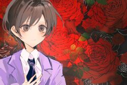  1girl androgynous black_necktie brown_eyes brown_hair chinese_commentary closed_mouth collared_shirt commentary_request flower fujioka_haruhi hair_between_eyes hand_on_own_chest jacket laoranqi lapels necktie notched_lapels ouran_high_school_host_club ouran_high_school_uniform purple_jacket red_flower red_rose rose school_uniform shirt short_hair smile solo suit_jacket upper_body white_shirt 