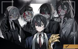  2girls 3boys baseball_cap black_eyes black_hair blade_lineage_(identity)_(project_moon) blood blood_on_face blue_coat coat collared_shirt don_quixote_(project_moon) gameplay_mechanics gloves hands_up hat highres holding holding_ticket hong_lu_(project_moon) kurokumo_clan_(identity)_(project_moon) limbus_company looking_at_viewer mu46016419 multiple_boys multiple_girls nausea necktie partially_colored project_moon red_necktie ryoshu_(project_moon) shirt sinclair_(project_moon) ticket tingtang_gang_(identity)_(project_moon) upper_body w_corp._(identity)_(project_moon) white_shirt yellow_eyes yi_sang_(project_moon) zwei_association_(identity)_(project_moon) 