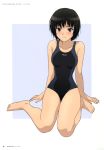  amagami artist_request bare_shoulders barefoot black_eyes black_hair bob_cut competition_swimsuit feet highres ishikura_keiichi messy_hair nanasaki_ai official_art one-piece_swimsuit short_hair simple_background sitting swimsuit wariza 