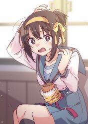  1girl absurdres arm_up black_socks blue_sailor_collar blue_skirt blush bread breasts brown_eyes brown_hair collarbone commentary_request food hair_ribbon hairband hand_up highres indoors kita_high_school_uniform kneehighs long_sleeves looking_at_viewer medium_hair official_alternate_hairstyle open_mouth ponytail red_ribbon ribbon sailor_collar school_uniform serafuku sitting skirt socks solo suzumiya_haruhi suzumiya_haruhi_no_yuuutsu sweatdrop taiki_(6240taiki) tongue window winter_uniform yellow_hairband yellow_ribbon 