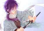  bad_id hakuouki_shinsengumi_kitan long_hair male ponytail purple_hair saitou_hajime_(hakuouki) scarf solo sword tohikou weapon 