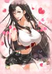  belt black_hair blush breast_hold breasts crossed_arms elbow_gloves final_fantasy final_fantasy_vii fingerless_gloves gloves heart huge_breasts jirou_(62sand3gemt9) large_breasts long_hair low-tied_long_hair midriff miniskirt navel open_mouth panties ponytail red_eyes shiny shiny_skin shorts skirt solo tank_top thighs tifa_lockhart underwear white_panties 