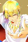  blonde_hair bracelet brown_background casual earrings fate/zero fate_(series) gilgamesh grin jewelry kettle21 male nail_polish necklace outstretched_hand red_eyes simple_background smile 