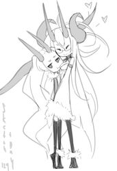  :t between_breasts breasts chibi detached_sleeves eu03 fur_trim glasses happy head_between_breasts height_difference horns kneehighs long_hair mole monochrome multiple_girls original pantyhose tsunoko very_long_hair 