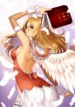  absurdres angel_wings arched_back armpits back bare_shoulders blonde_hair blue_eyes book bow breasts detached_sleeves feathers frills headdress highres long_hair looking_back rufina_(shining_hearts) shining_(series) shining_hearts sideboob skirt solo taka_tony tanaka_takayuki wings 
