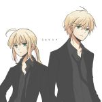  1girl ahoge blonde_hair character_name dinikee dual_persona fate/prototype fate/zero fate_(series) formal genderswap green_eyes long_hair necktie payot ponytail saber saber_(fate/prototype) short_hair simple_background suit white_background 