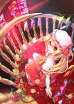  1girl ascot blonde_hair flandre_scarlet flower greetload hat hat_ribbon looking_up red_eyes ribbon rose short_hair side_ponytail skirt skirt_set smile solo stained_glass stairs touhou vines window wings wrist_cuffs yellow_rose 