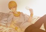  blonde_hair bracelet casual cup fate/zero fate_(series) gilgamesh highres jewelry makaron611 male necklace reclining red_eyes short_hair solo v-neck wine_glass 