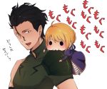  1girl :3 ahoge biting black_hair blonde_hair chibi dress fate/zero fate_(series) lancer_(fate/zero) makaron611 mole saber yellow_eyes 