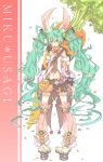  animal_ears belt bowtie bunny_ears carrot character_name detached_sleeves green_eyes green_hair hatsune_miku long_hair navel nozu_(kukumaka23) oversized_object pigeon-toed shorts solo spring_(object) twintails very_long_hair vocaloid 