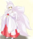  copyright_request fox_ears fox_tail green_eyes highres japanese_clothes long_hair multiple_tails solo tail white_hair yu-ves 