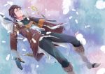  alvin_(tales_of_xillia) blue_background book boots brown_eyes brown_hair coat cravat gloves gun male pants solo tales_of_(series) tales_of_xillia weapon yukimatsu 