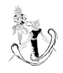  2boys absurdres arm_blade aura boots cropped_vest dragon_ball dragon_ball_z earrings energy_blade full_body gloves gogeta greyscale highres jewelry kazumax76 looking_at_another medium_hair metamoran_vest monochrome multiple_boys muscular muscular_male no_shirt open_clothes open_vest potara_earrings sash spiky_hair super_saiyan vegetto vest weapon 