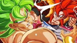  2boys abs absurdres baggy_pants battle black_eyeliner black_vest black_wristband broly_(dragon_ball_super) clenched_hands dragon_ball dragon_ball:_sparking! dragon_ball_gt dragon_ball_super dragon_ball_super_broly earrings easterhands electricity english_commentary eyeliner face_punch gogeta green_hair hair_between_eyes highres hoop_earrings in-franchise_crossover in_the_face jewelry long_bangs long_hair looking_at_another makeup male_focus medium_hair metamoran_vest monkey_tail multiple_boys muscular muscular_male no_pupils nose open_mouth orange_vest outline pants pectorals punching red_tail spiky_hair super_saiyan super_saiyan_4 tail teeth tongue v-shaped_eyebrows vest white_pants yellow_outline 