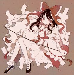 1girl adapted_costume ascot bare_legs bell black_footwear black_hair blush bow brown_background brown_eyes butterfly_ornament commentary_request detached_sleeves frilled_bow frilled_hair_tubes frilled_shirt_collar frilled_sleeves frilled_socks frills full_body gohei hair_bow hair_tubes hakurei_reimu half_updo highres holding holding_gohei jingle_bell long_hair long_sleeves mozukuzu_(manukedori) nontraditional_miko open_mouth orb parted_lips polka_dot polka_dot_bow red_bow red_shirt ribbon ribbon-trimmed_sleeves ribbon_trim shide shirt shoes short_hair_with_long_locks side-tie_shirt sidelocks skirt skirt_set sleeveless sleeveless_shirt socks solo tassel touhou two-tone_skirt wide_sleeves yin_yang yin_yang_orb 