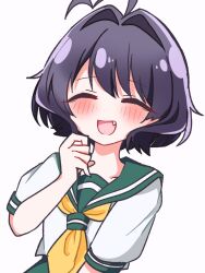  1girl absurdres ahoge black_hair blush closed_eyes commentary_request facing_viewer fang hair_intakes hand_up highres hiiragi_utena mahou_shoujo_ni_akogarete neckerchief open_mouth school_uniform serafuku short_hair short_sleeves smile solo upper_body yatsuhashi_xx 