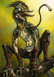  akio akio_(artist) armor belt_buckle chameleon claws crotch_plate crouching cyborg fangs greaves horns lizard looking_away male monster multiple_eyes muscle pauldrons pixiv_fantasia pixiv_fantasia_3 scales scalie solo steampunk tongue tree what_has_science_done yellow_eyes 