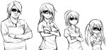  3girls :t breasts child cleavage copyright_request crossed_arms drawfag facial_hair gebyy-terar genderswap kubo_taito_(person) long_hair monochrome multiple_girls polo_shirt ponytail stubble sunglasses teenage twintails watch 