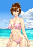  beach bikini breasts brown_eyes brown_hair cleavage cleavage_cutout cloud floral_print hamura_mayu meiko navel ponytail project_diva project_diva_2nd short_hair skindentation sky smile swimsuit vocaloid 