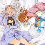  blue_(pokemon) blue_(pokemon)_(classic) brown_hair closed_eyes commentary crystal_(pokemon) dress eyes_closed holding kotone_(pokemon) leaf_(pokemon) long_hair marill pillow pokemon pokemon_(game) pokemon_frlg pokemon_gsc pokemon_hgss pokemon_rgby sleeping smile tribute twintails 