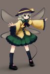  black_legwear blouse brooch chipika dress footwear full_body green_dress green_eyes green_hair hat heart highres jewelry komeiji_koishi leaning_forward open_mouth outstretched_arms ribbon shoes short_hair skirt smile socks solo spread_arms standing third_eye touhou 