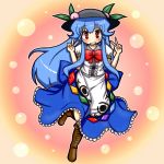 blue_hair blush boots bow cross-laced_footwear double_v eruru_(erl) eruru_(pixiv356391) food fruit grin hat highres hinanawi_tenshi lace-up_boots long_hair long_skirt peach red_eyes ribbon skirt smile solo touhou v