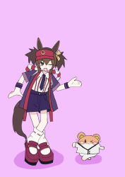  1girl absurdres animal_ears blush_stickers brown_hair collared_shirt dancing double_cheese_(mcdonald's) fang green_eyes highres horse_ears horse_girl horse_tail inari_one_(umamusume) jacket mcdonald's necktie one_eye_closed open_clothes open_jacket open_mouth pink_background purple_jacket purple_necktie purple_shorts rope shimenawa shirt shirt_tucked_in shoes short_hair shorts simple_background smile socks striped_clothes striped_shirt sudzume tail twintails umamusume visor_cap white_socks wristband 
