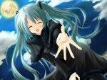  akkijin aqua_hair closed_eyes cloud eyes_closed hatsune_miku long_hair night open_mouth outstretched_arm sky solo twintails very_long_hair vocaloid 